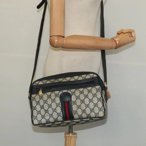 GUCCI GG Supreme Sherry Line Shoulder Bag PVC Navy Gold Red Auth - Picture 1 of 16